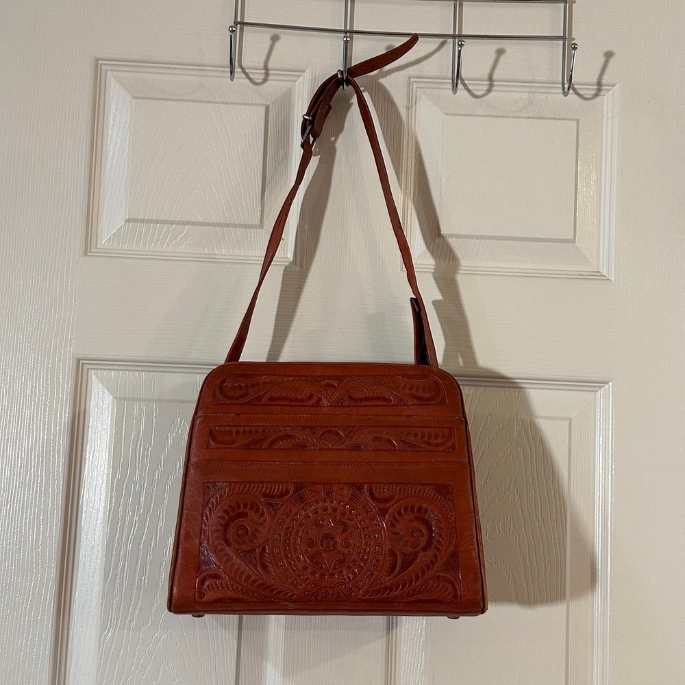 Vintage‎ Hand Tooled Leather Aztec Calendar Shoulder Cognac Brown Boho Western